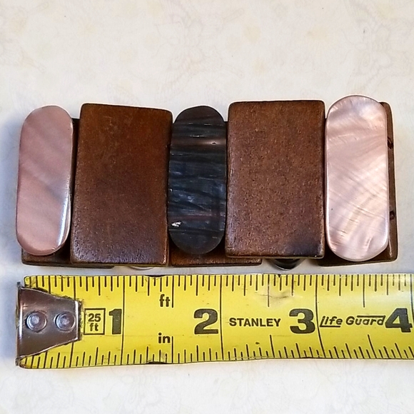 Vintage 1970s Wood and Acrylic Stretch Cuff Bracelet - Picture 13 of 16